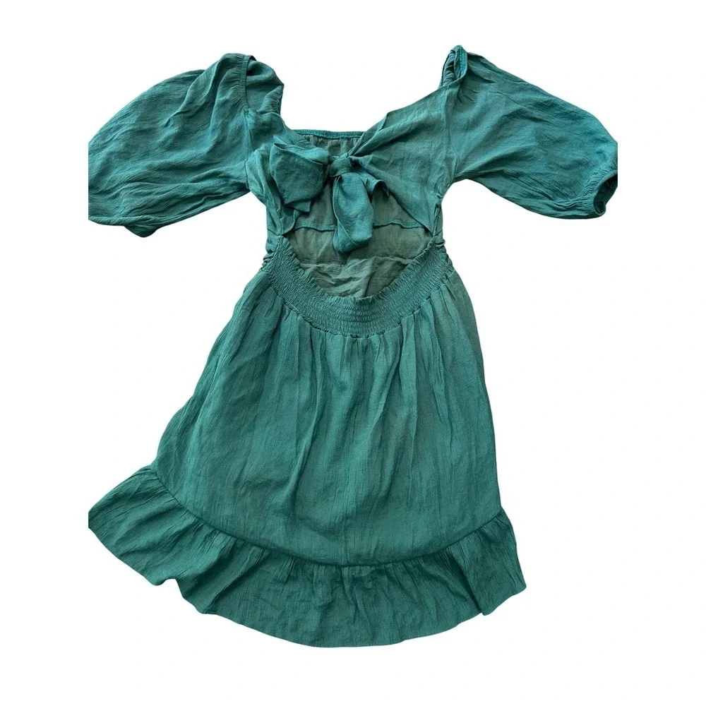 Boho Teal Green Puff Sleeve Tie‎ Back Cutout Mini Dress Smocked Ruffle Hem